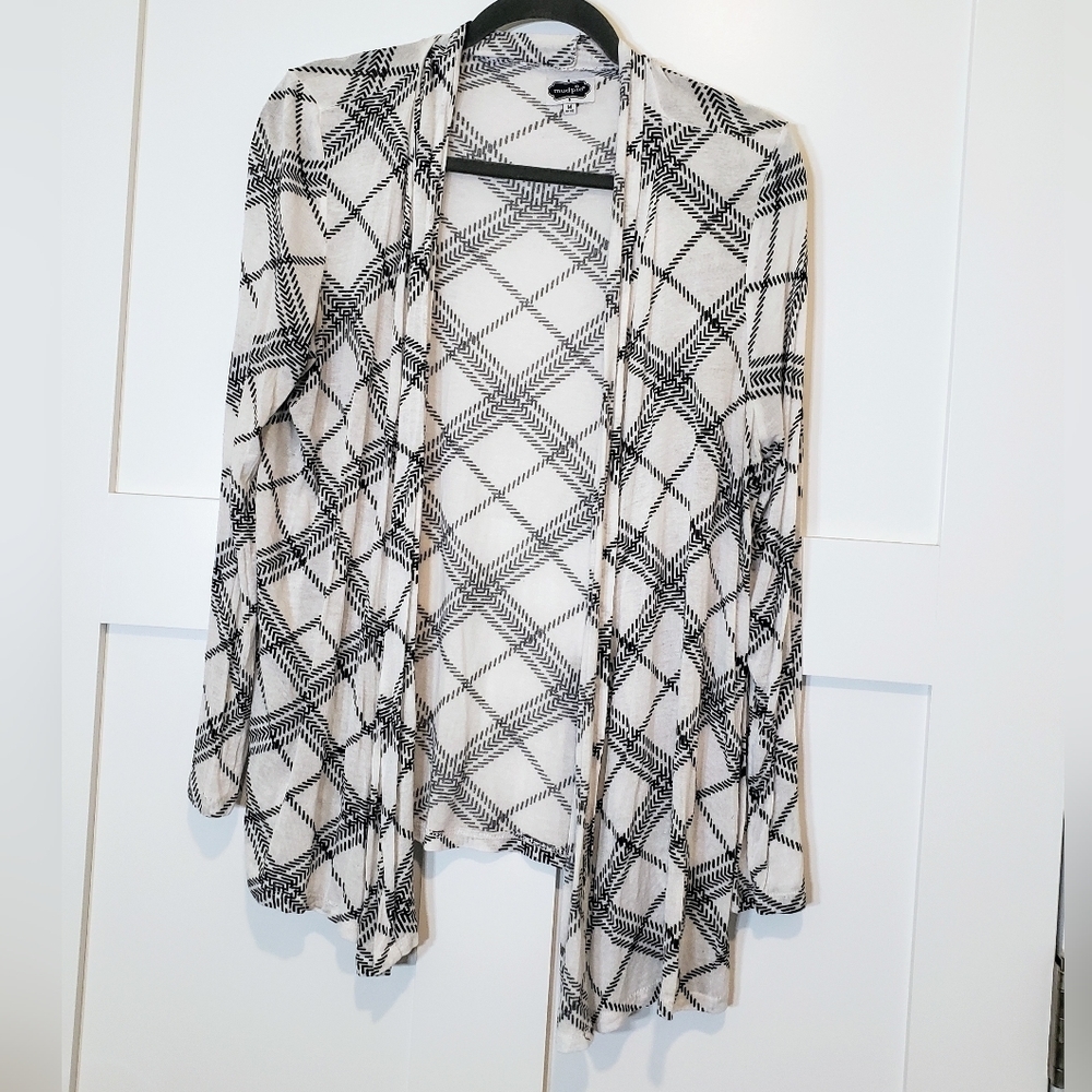 Mud Pie Open Front Cardigan Size Medium Black White Stretch Diamond Prin…